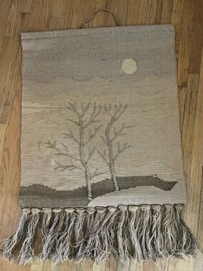 Fiber Art Boho Woven Jute Tapestry Wall Hanging Vintage 70s Textile MCM 31 x 45”